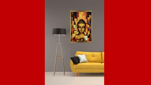 Handgemaltes Ölbild Buddha auf Leinwand, abstrakter Hintergrund in Gold, Orange und Rot, Spachteltechnik, mit goldenem Rahmen – Beispiel im Raum