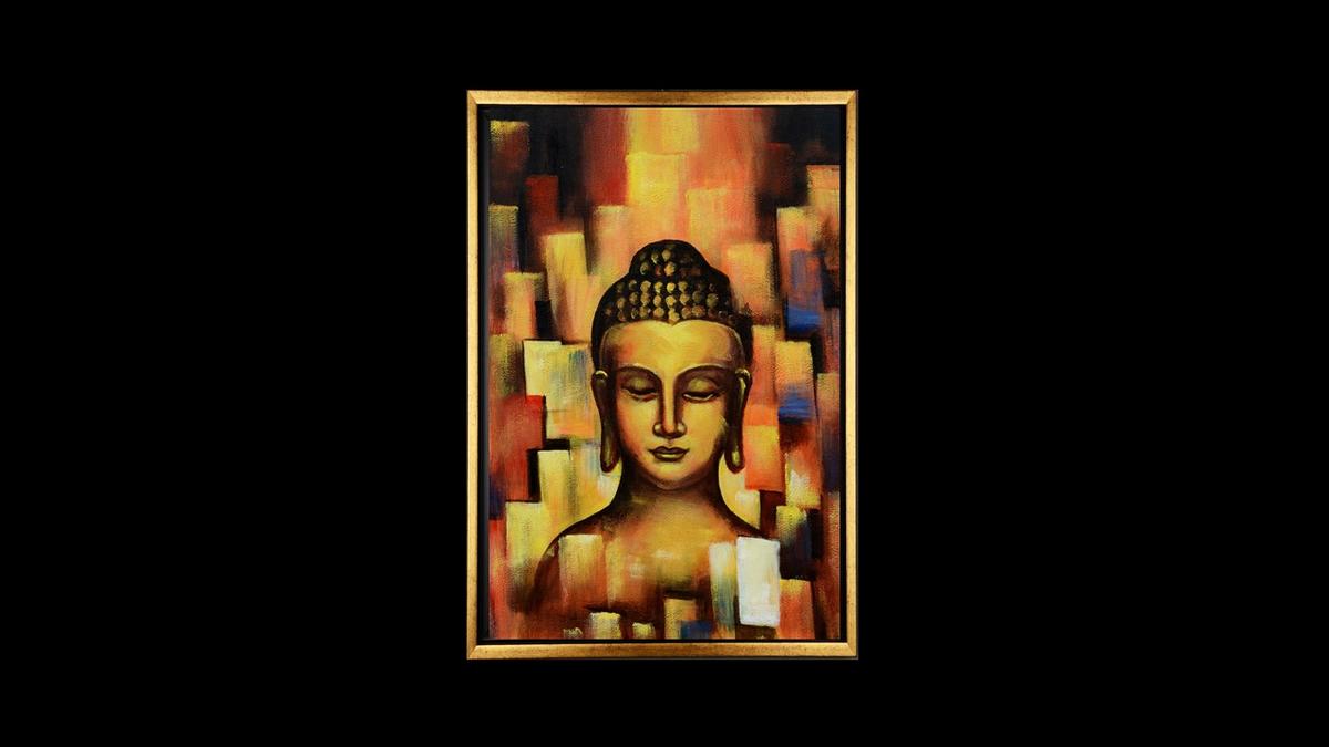 Handgemaltes Ölbild Buddha auf Leinwand, abstrakter Hintergrund in Gold, Orange und Rot, Spachteltechnik, mit goldenem Rahmen – Beispiel im Raum