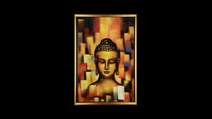 Handgemaltes Ölbild Buddha auf Leinwand, abstrakter Hintergrund in Gold, Orange und Rot, Spachteltechnik, mit goldenem Rahmen – Beispiel im Raum