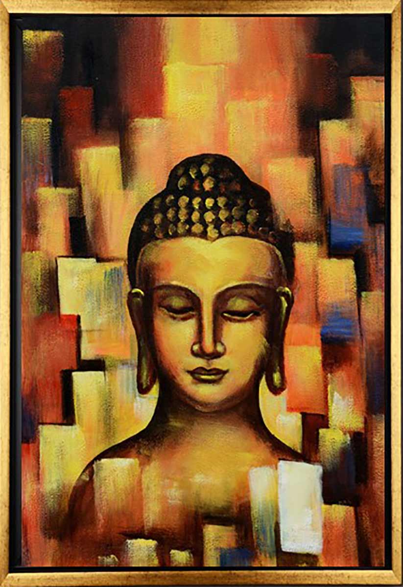 Handgemaltes Ölbild Buddha auf Leinwand, abstrakter Hintergrund in Gold, Orange und Rot, Spachteltechnik, mit goldenem Rahmen