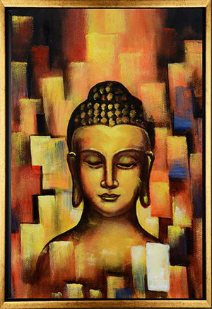 Handgemaltes Ölbild Buddha auf Leinwand, abstrakter Hintergrund in Gold, Orange und Rot, Spachteltechnik, mit goldenem Rahmen