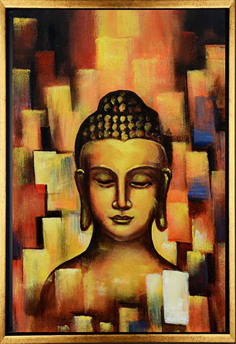Handgemaltes Ölbild Buddha auf Leinwand, abstrakter Hintergrund in Gold, Orange und Rot, Spachteltechnik, mit goldenem Rahmen