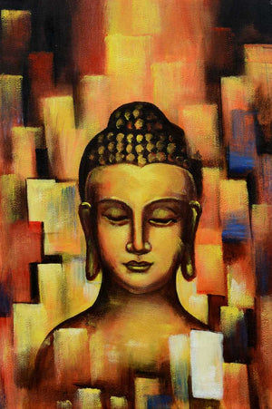 Handgemaltes Ölbild Buddha auf Leinwand, abstrakter Hintergrund in Gold, Orange und Rot, Spachteltechnik