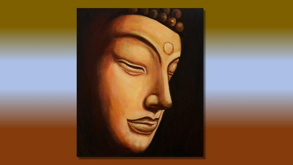 Handgemaltes Ölbild Buddha-Gesicht auf Leinwand, Nahaufnahme in Gold- und Ockertönen vor dunklem Hintergrund – Beispiel im Raum