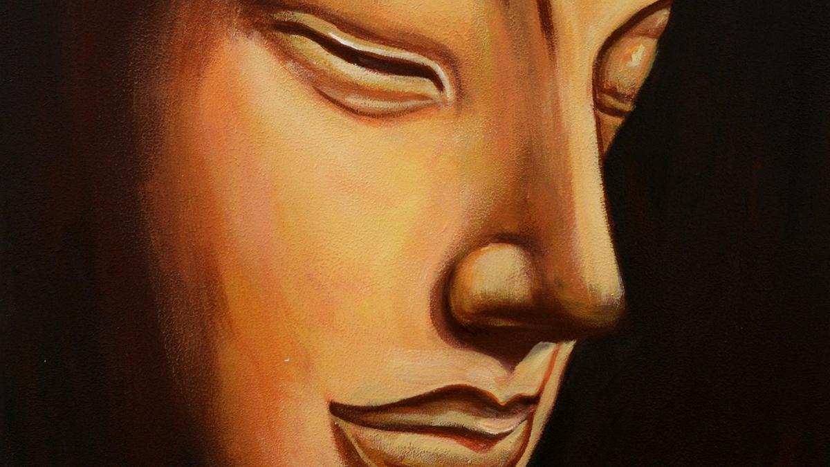Handgemaltes Ölbild Buddha-Gesicht auf Leinwand, Nahaufnahme in Gold- und Ockertönen vor dunklem Hintergrund – Detailansicht