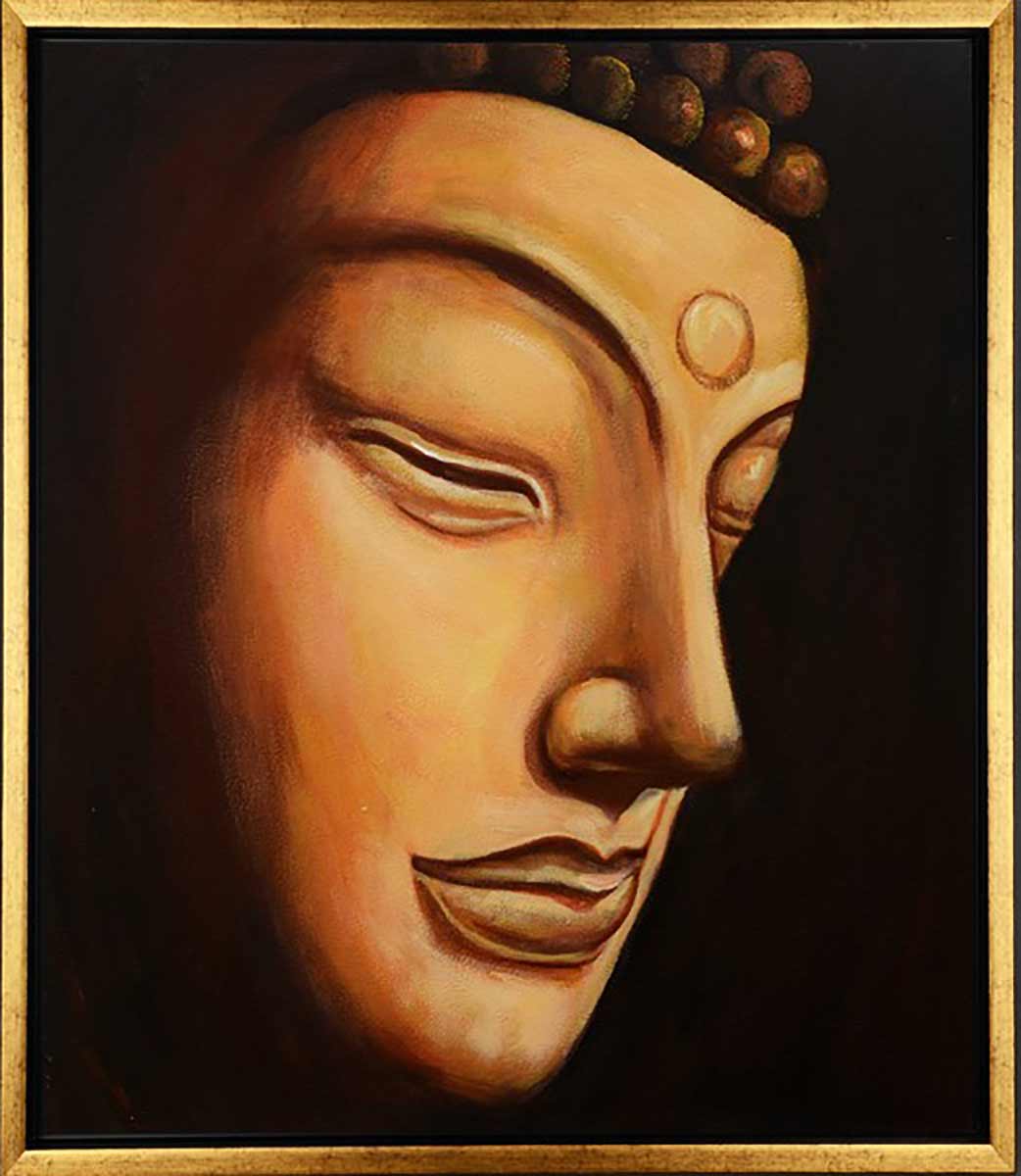 Handgemaltes Ölbild Buddha-Gesicht auf Leinwand, Nahaufnahme in Gold- und Ockertönen vor dunklem Hintergrund, mit goldenem Rahmen
