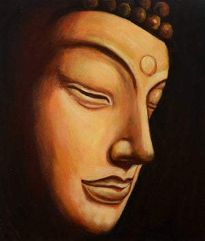 Handgemaltes Ölbild Buddha-Gesicht auf Leinwand, Nahaufnahme in Gold- und Ockertönen vor dunklem Hintergrund