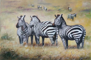 Handgemaltes Ölbild Zebraherde auf Leinwand, Zebras im goldgelben Savannengras, naturalistisch gemalt