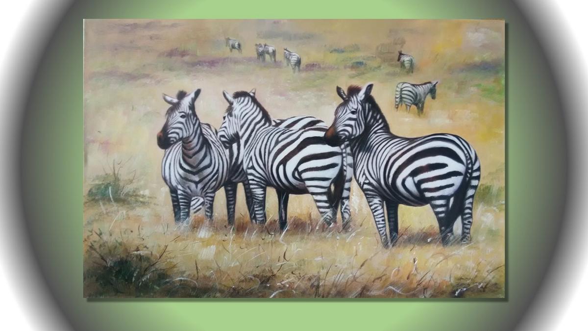 Handgemaltes Ölbild Zebraherde auf Leinwand, Zebras im goldgelben Savannengras, naturalistisch gemalt – Beispiel im Raum