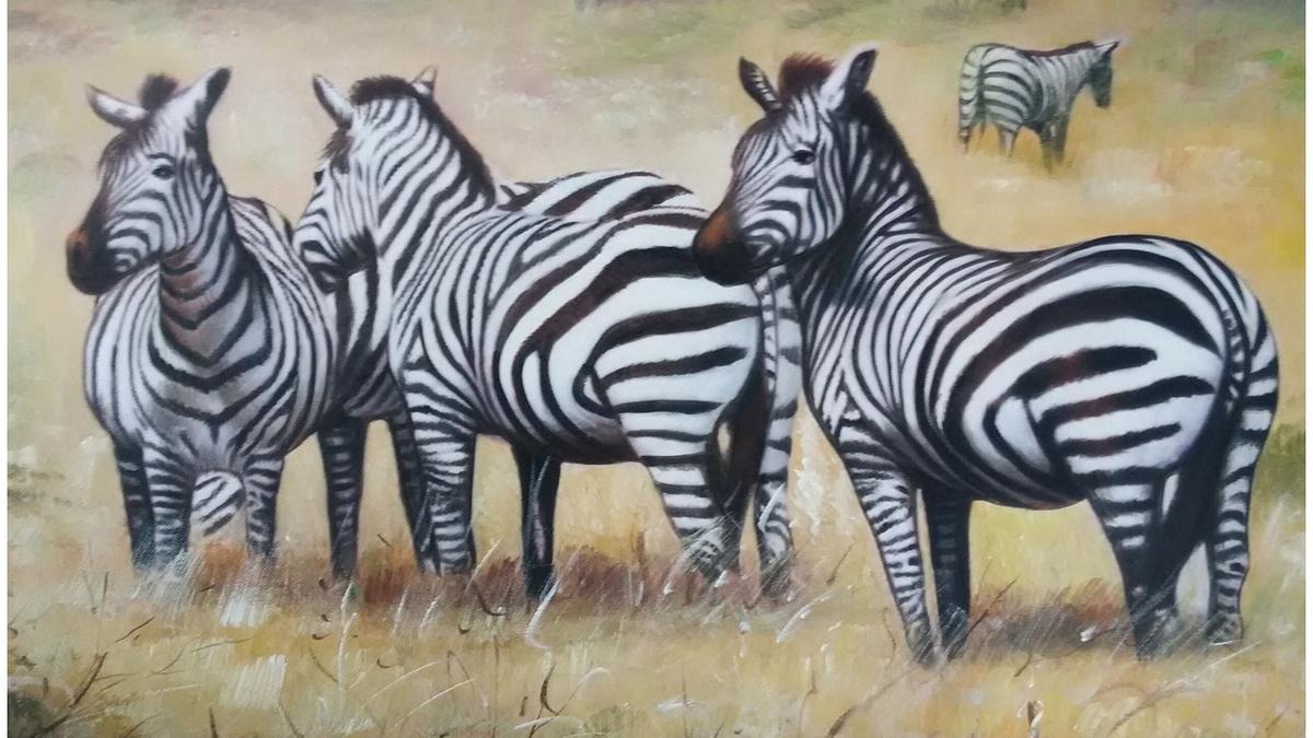 Handgemaltes Ölbild Zebraherde auf Leinwand, Zebras im goldgelben Savannengras, naturalistisch gemalt – Detailansicht
