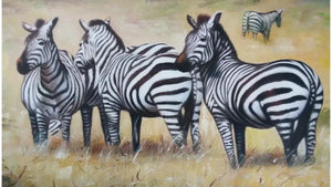 Handgemaltes Ölbild Zebraherde auf Leinwand, Zebras im goldgelben Savannengras, naturalistisch gemalt – Detailansicht