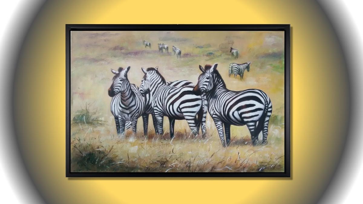 Handgemaltes Ölbild Zebraherde auf Leinwand, Zebras im goldgelben Savannengras, naturalistisch gemalt, mit schwarzem Rahmen – Beispiel im Raum