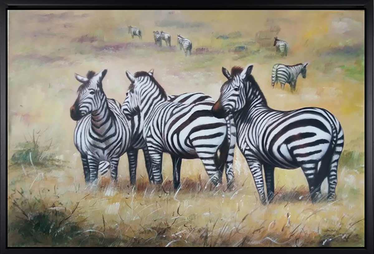 Handgemaltes Ölbild Zebraherde auf Leinwand, Zebras im goldgelben Savannengras, naturalistisch gemalt, mit schwarzem Rahmen