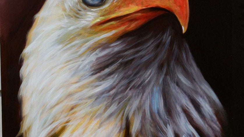 Handgemaltes Ölbild Weisskopfseeadler auf Leinwand, Adlerkopf im Profil vor dunkelbraunem Hintergrund – Detailansicht