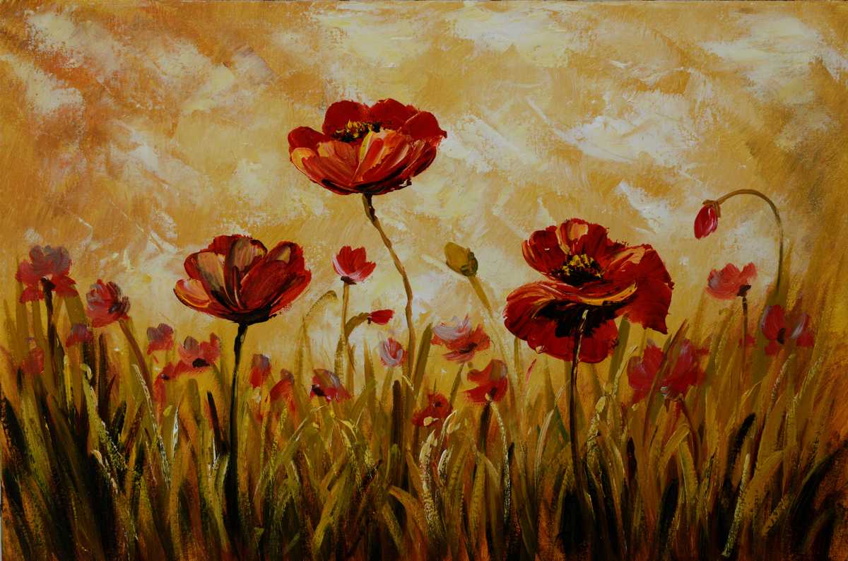 Handgemaltes Ölbild rote Mohnblumen in hohem Gras auf Leinwand, goldenes Licht in Ocker und Honiggelb