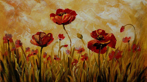 Handgemaltes Ölbild rote Mohnblumen in hohem Gras auf Leinwand, goldenes Licht in Ocker und Honiggelb – Detailansicht