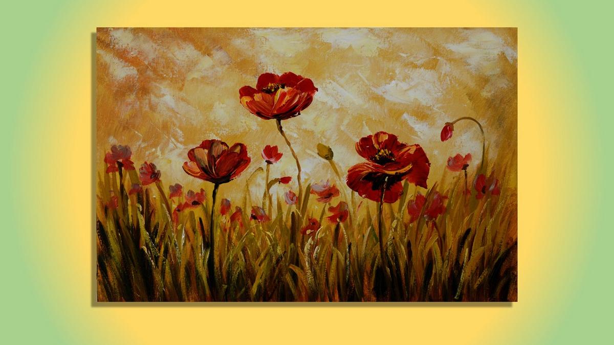 Handgemaltes Ölbild rote Mohnblumen in hohem Gras auf Leinwand, goldenes Licht in Ocker und Honiggelb – Beispiel im Raum