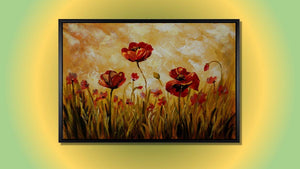 Handgemaltes Ölbild rote Mohnblumen in hohem Gras auf Leinwand, goldenes Licht in Ocker und Honiggelb, mit schwarzem Rahmen – Beispiel im Raum