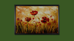 Handgemaltes Ölbild rote Mohnblumen in hohem Gras auf Leinwand, goldenes Licht in Ocker und Honiggelb, mit schwarzem Rahmen – Beispiel im Raum