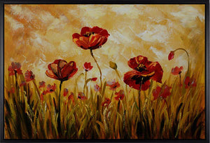 Handgemaltes Ölbild rote Mohnblumen in hohem Gras auf Leinwand, goldenes Licht in Ocker und Honiggelb, mit schwarzem Rahmen
