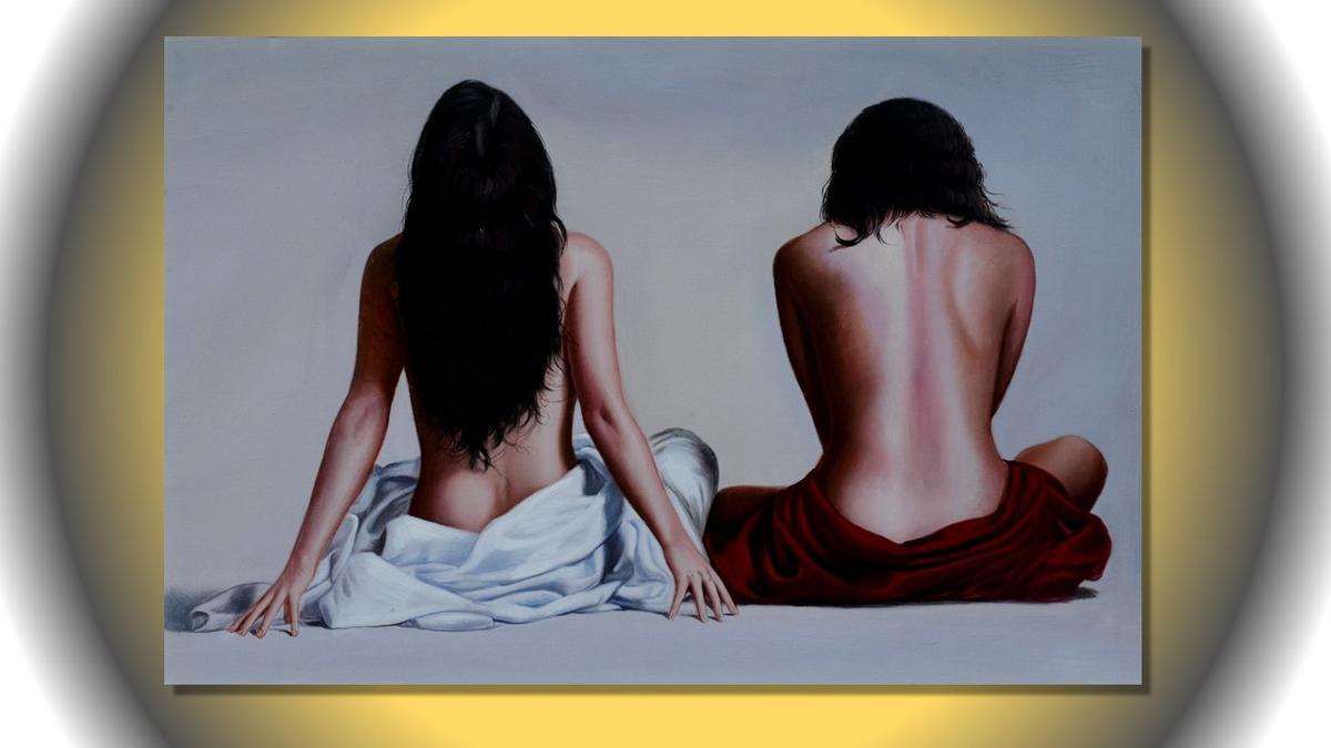 Handgemaltes Ölbild zwei Frauen in Rückenansicht auf Leinwand, weisses und rotes Tuch vor Hellgrau – Beispiel im Raum