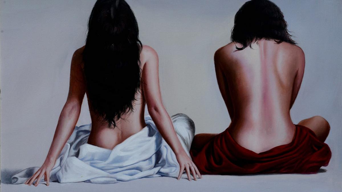 Handgemaltes Ölbild zwei Frauen in Rückenansicht auf Leinwand, weisses und rotes Tuch vor Hellgrau – Detailansicht