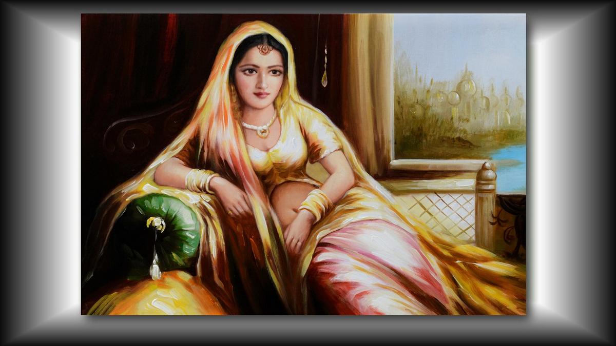 Handgemaltes Ölbild indische Maharani auf Leinwand, Frau im goldgelben Sari in Safran-, Rosa- und Goldtönen – Beispiel im Raum