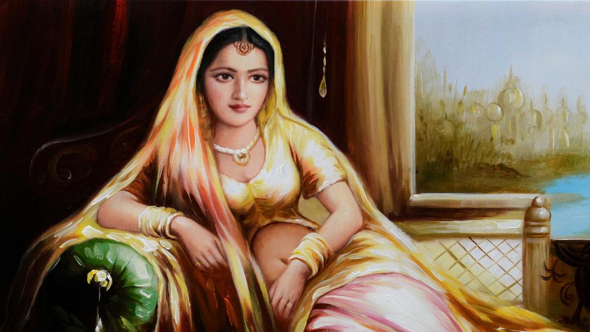 Handgemaltes Ölbild indische Maharani auf Leinwand, Frau im goldgelben Sari in Safran-, Rosa- und Goldtönen – Detailansicht