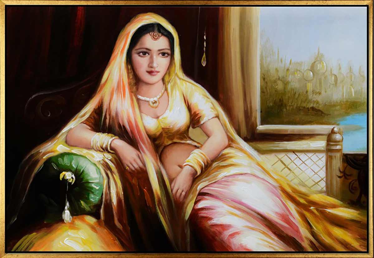 Handgemaltes Ölbild indische Maharani auf Leinwand, Frau im goldgelben Sari in Safran-, Rosa- und Goldtönen, mit goldenem Rahmen