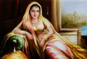 Handgemaltes Ölbild indische Maharani auf Leinwand, Frau im goldgelben Sari in Safran-, Rosa- und Goldtönen
