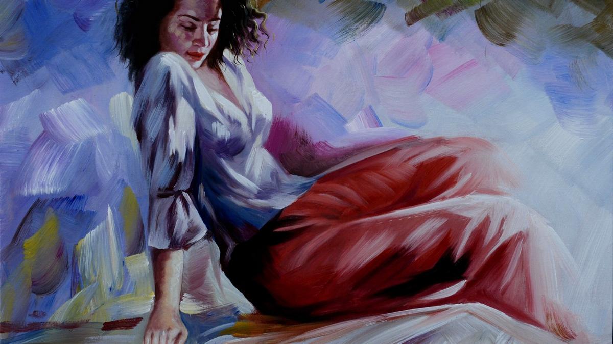 Handgemaltes Ölbild träumende Frau in Rot auf Leinwand, Spachteltechnik mit Lila-, Blau- und Rosétönen – Detailansicht
