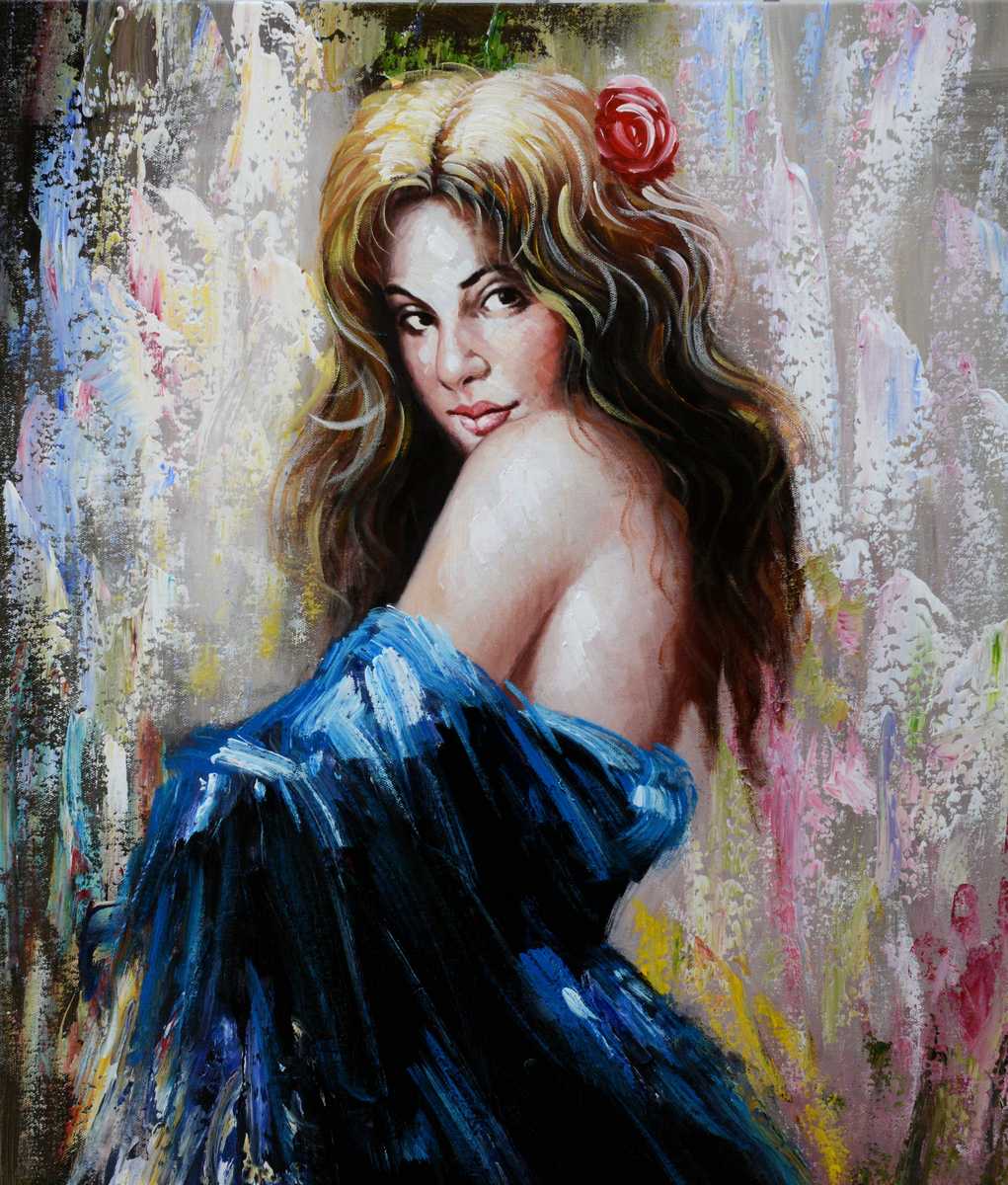 Handgemaltes Ölbild Frau mit Rose im Haar auf Leinwand, blaues Kleid in Spachteltechnik, helle Pastelltöne