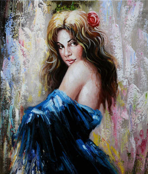 Handgemaltes Ölbild Frau mit Rose im Haar auf Leinwand, blaues Kleid in Spachteltechnik, helle Pastelltöne