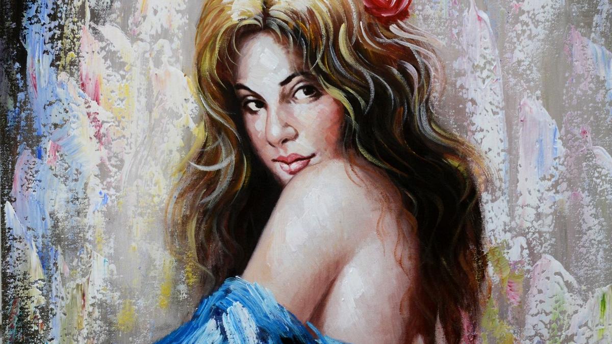 Handgemaltes Ölbild Frau mit Rose im Haar auf Leinwand, blaues Kleid in Spachteltechnik, helle Pastelltöne – Detailansicht