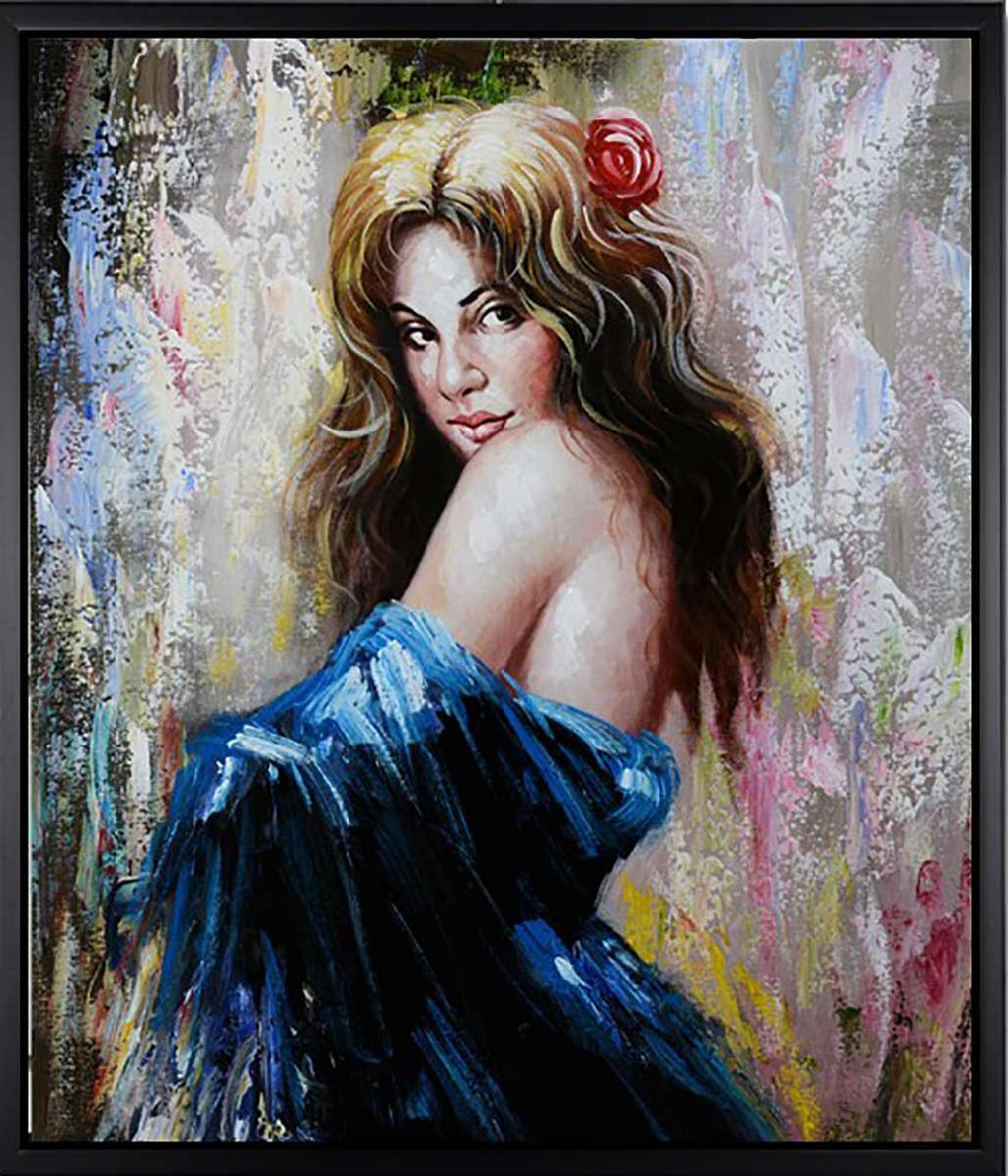 Handgemaltes Ölbild Frau mit Rose im Haar auf Leinwand, blaues Kleid in Spachteltechnik, helle Pastelltöne, mit schwarzem Rahmen