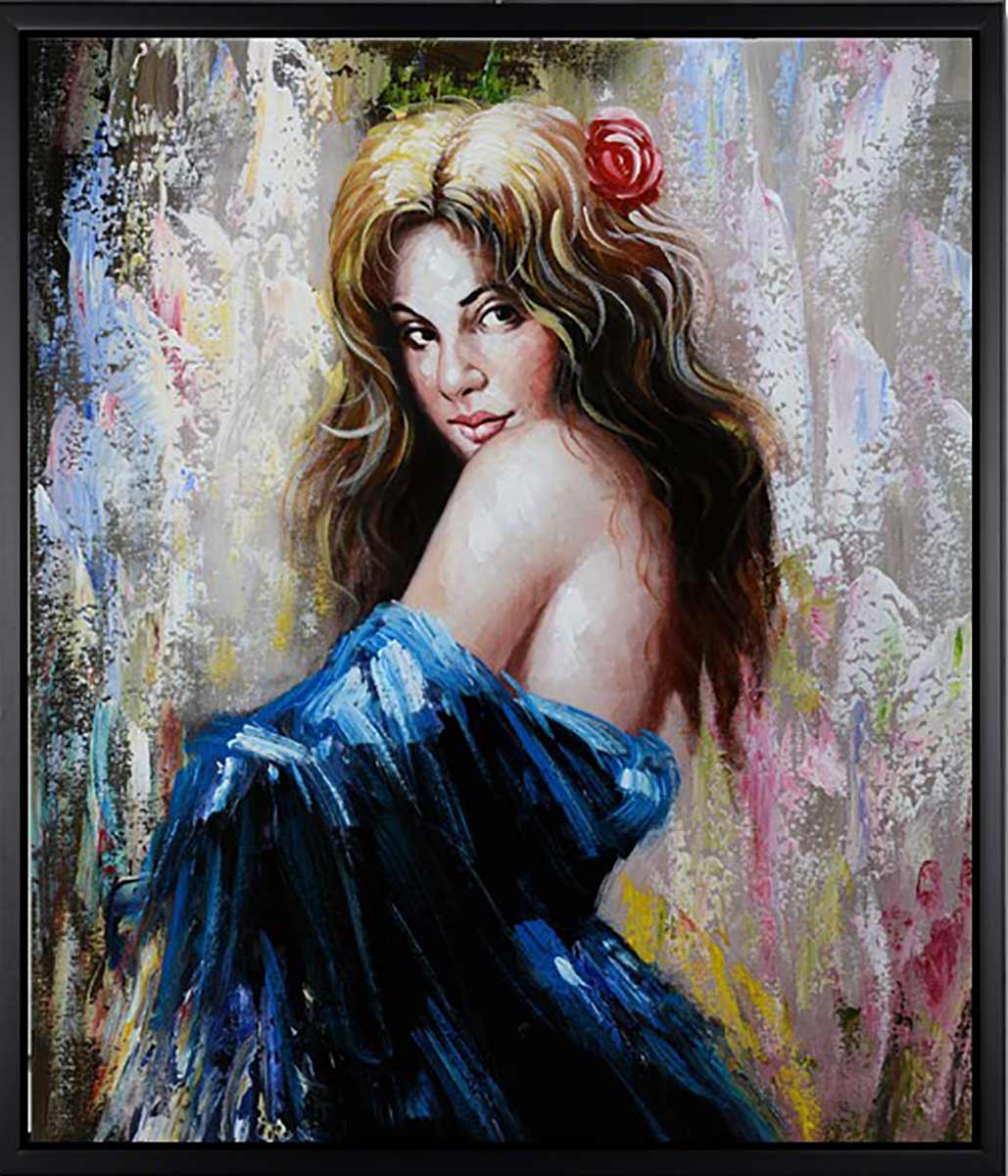 Handgemaltes Ölbild Frau mit Rose im Haar auf Leinwand, blaues Kleid in Spachteltechnik, helle Pastelltöne, mit schwarzem Rahmen