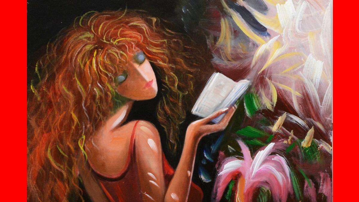 Handgemaltes Ölbild Frau beim Lesen auf Leinwand, rote Locken und pinkes Kleid, kräftig und stilisiert – Detailansicht