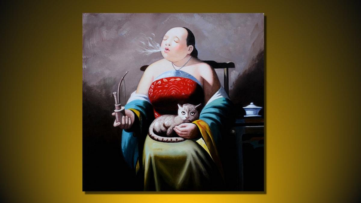 Handgemaltes Ölbild Dame mit Pfeife und Katze auf Leinwand, humorvolles Porträt in Rot, Türkis und Gelb – Beispiel im Raum