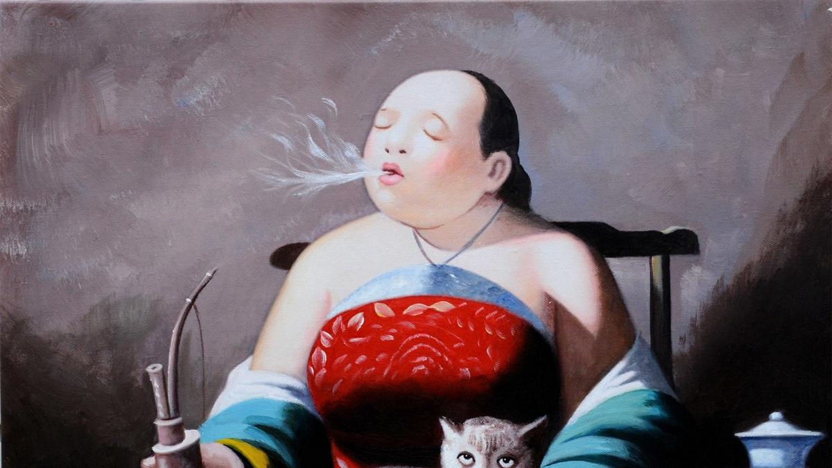 Handgemaltes Ölbild Dame mit Pfeife und Katze auf Leinwand, humorvolles Porträt in Rot, Türkis und Gelb – Detailansicht