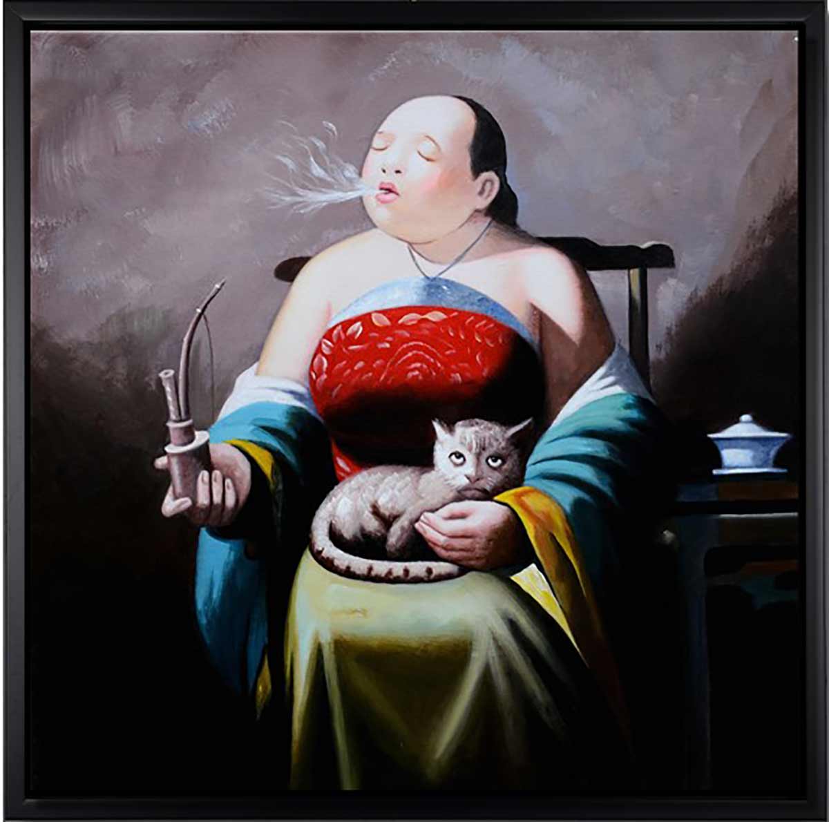 Handgemaltes Ölbild Dame mit Pfeife und Katze auf Leinwand, humorvolles Porträt in Rot, Türkis und Gelb, mit schwarzem Rahmen