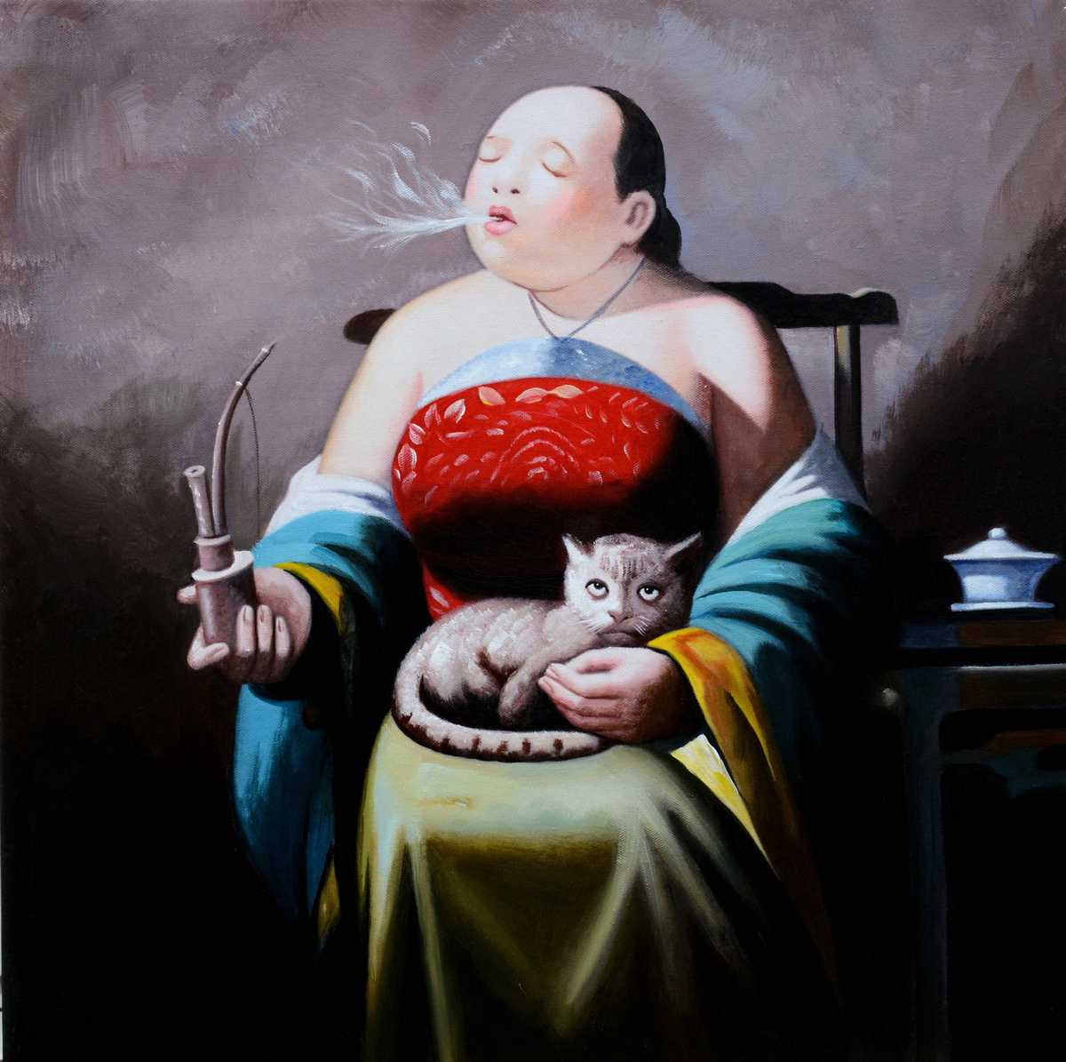 Handgemaltes Ölbild Dame mit Pfeife und Katze auf Leinwand, humorvolles Porträt in Rot, Türkis und Gelb