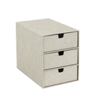 Die Bigso INGRID Schubladenbox 3 Fächer in Linnen Canvas bietet mit drei halbmondförmigen Griffen stilvolle Büroorganisation und steht vor einem schlichten weißen Hintergrund.