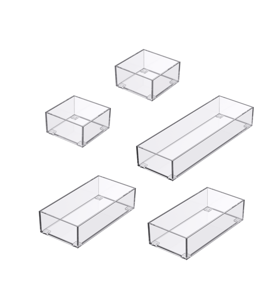 Das BNB x VCN Schubladen Organizer-Set SLIDE (5-teilig) bietet fünf klare, rechteckige Boxen in verschiedenen Größen mit transparenten Seiten und offener Oberseite - ideal, um Ihre Schubladen ordentlich und stilvoll zu halten.