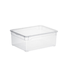 Die Rotho Aufbewahrungsbox CLEAR 10L (36x26x14cm) mit passendem Deckel ist transparent und stapelbar - ideal für ordentliche, übersichtliche Aufbewahrung. Präsentiert vor weißem Hintergrund.