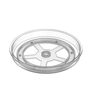 Der BNB x VCN Drehteller Lazy Susan KLAR (23,5 x 3,7 cm) ist ein transparenter, runder Drehteller aus Mikrowellenglas mit glatten Rändern und einer zentralen Nabe, der sich um 360° drehen lässt und auf einem schlichten weißen Hintergrund steht.