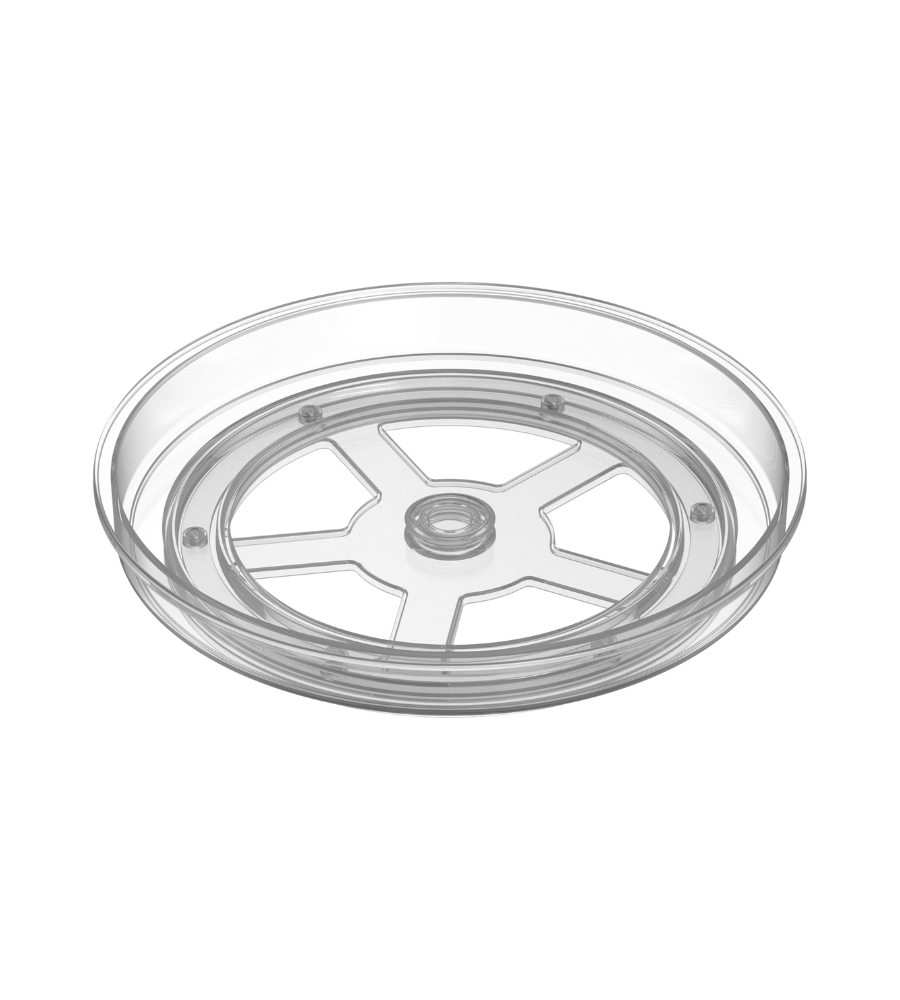 Der BNB x VCN Drehteller Lazy Susan KLAR (23,5 x 3,7 cm) ist ein transparenter, runder Drehteller aus Mikrowellenglas mit glatten Rändern und einer zentralen Nabe, der sich um 360° drehen lässt und auf einem schlichten weißen Hintergrund steht.
