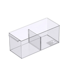 The BNB x VCN KLAR storage container with compartments – various sizes, extra long – features a clear rectangular design, smooth surface, small M label, center bar, and removable compartments for flexible organization.