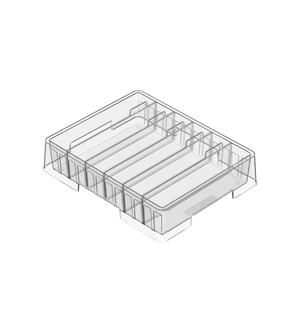 Der BNB x VCN Deckel Organizer KLAR - mit flexiblen Fächern ist ein klarer, rechteckiger Organizer mit verstellbaren Unterteilungen und erhöhten Seiten, perfekt für die Küchenorganisation und das Sortieren von Kleinteilen. Abgebildet auf weißem Hintergrund.