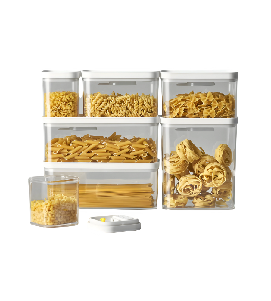 BNB x VCN DATEMATE Vorratsdose KLAR Weiss mit Garzeit-Timer in verschiedenen Größen ist luftdicht, stapelbar, und auf weißem Hintergrund mit Fusilli, Penne, Spaghetti, Farfalle und Nestpasta ordentlich befüllt arrangiert.