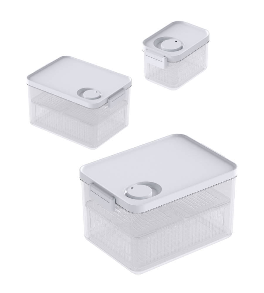 Tre contenitori per alimenti DATEMATE KLAR bianchi con timer di conservazione di BNB x VCN sono impilati su uno sfondo bianco. Ogni contenitore trasparente e rettangolare ha dimensioni diverse per una conservazione versatile e ha un coperchio bianco con un foro di ventilazione integrato.